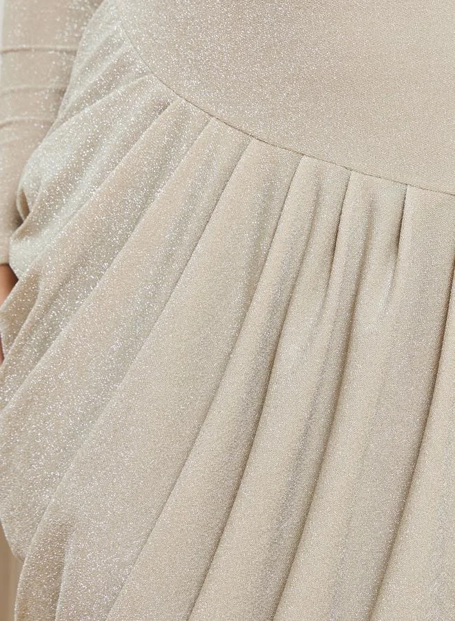 Styli  Women Cream Shimmer Knit Asymmetric Maxi Dress for Women | Best Price UAE